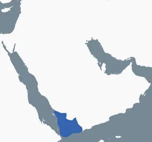 Map of the Arabian Peninsula with the Sabaean heartland in modern-day Yemen highlighted in blue.