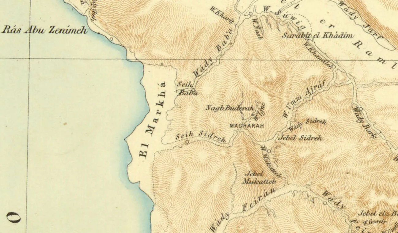 A hand-coloured Ordnance Survey map of the Sinai Peninsula, showing the coastline, wadis and hills around Sarabit el-Khadim.